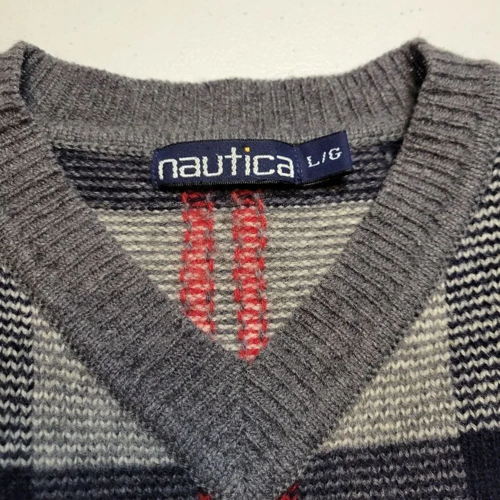 Nautica Vintage Wool V-Neck Navy Gray Red Windowpane Plaid Sweater Men's Large